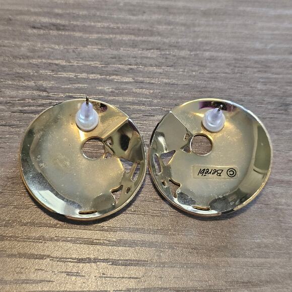 Vintage Edgar Berebi Purple Round Stud Earrings with Gold Leaf Design 1980s - Picture 2 of 6